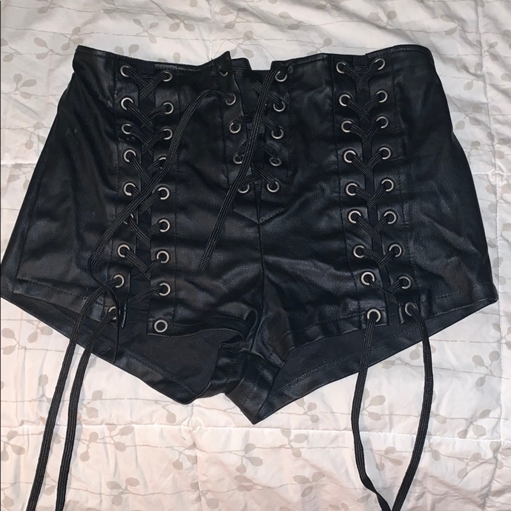 Black leather lace up biker shorts